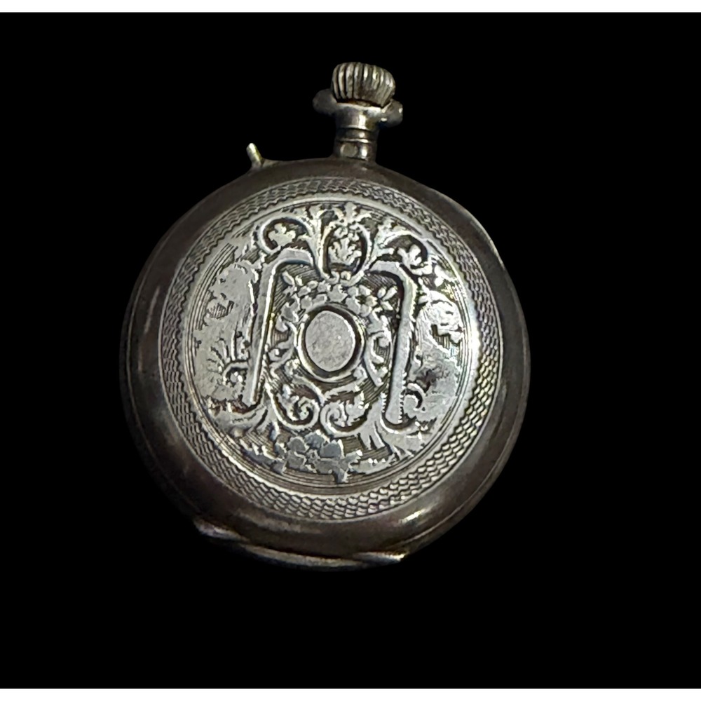 Antique Swiss Hunter Case Pocket Watch Hand Carved Ornate Mechanical Pin Set